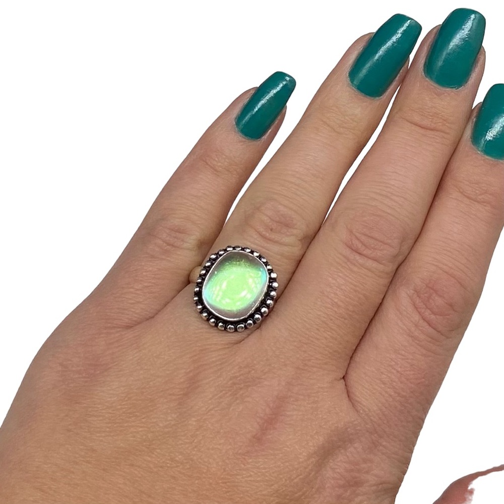 Aura mystic quartz Artisan Iridescent Opal-Like Stone 925 Silver Beaded Ring - Picture 2 of 6